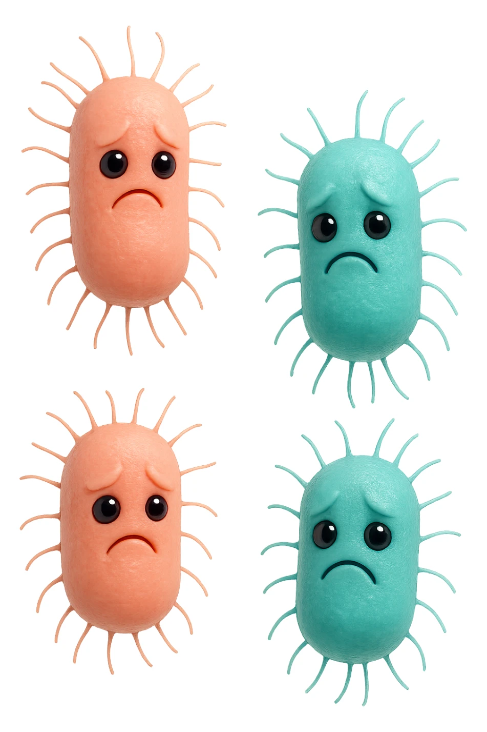 emoji stile iphone di batteri intestinali rosa salmone e turchesi con espressione triste che fluttuano in aria, iperrealistico 4k, isolato su sfondo bianco sticker