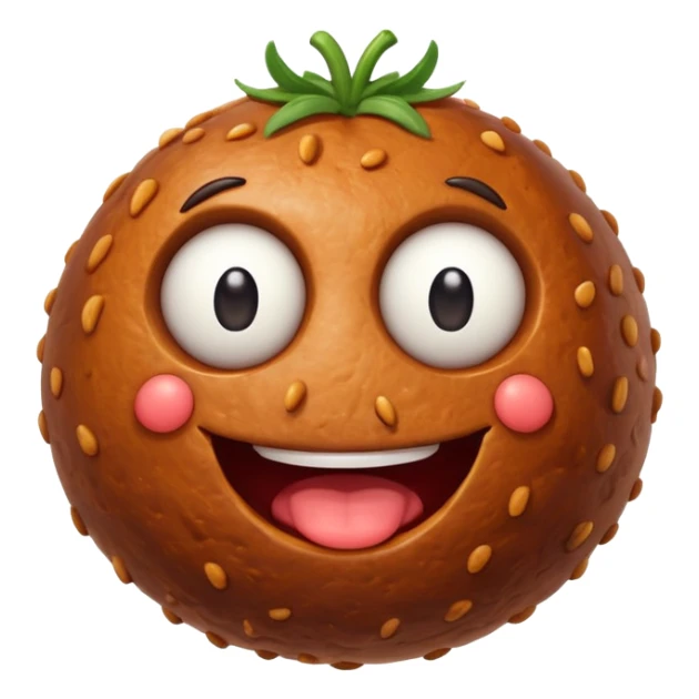 a giant meatball with googly eyes and a smile sticker