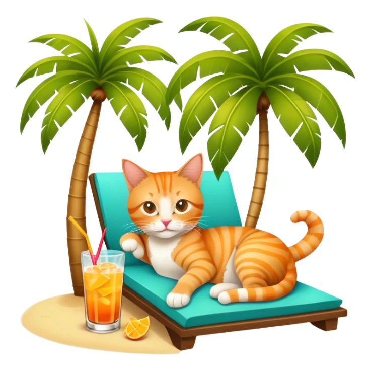 Orange tabby cat lounging under a palm tree with a mai tai tropical drink sticker