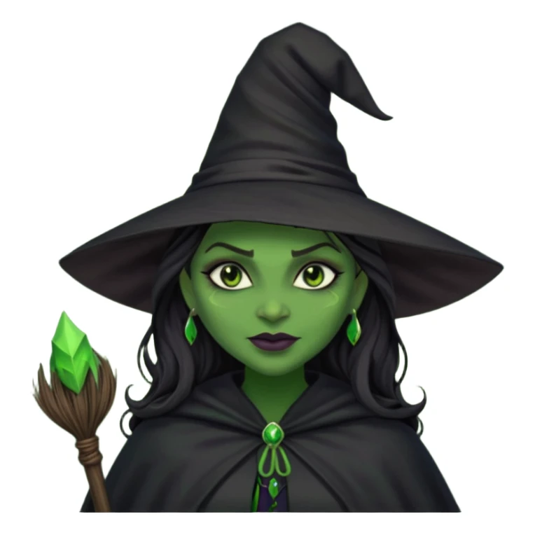 elphaba wicked witch with broom close up, evil dark coily long dark hair, green skin, thick green lips, cheekbones, smirk evil menacing cythia erivo dark aesthetic black hat cloak dark broom sticker