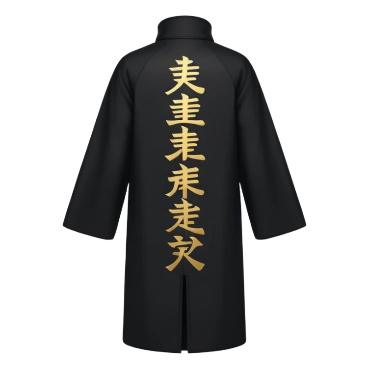 A long black anime style coat with a straight silhouette, reaching below the knees. On the center of the back, bold vertical golden Japanese kanji characters are printed glowing slightly against the dark background. The coat has a high collar and long sleeves. sticker