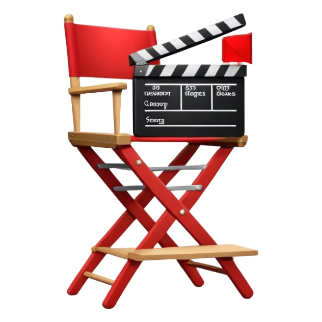 Icon for Directing: a director's chair, a film clapperboard, and a stage with a spotlight. The icon should represent the creative and organizational aspects of directing, with focus on storytelling, staging, and performance. Transparent background. sticker