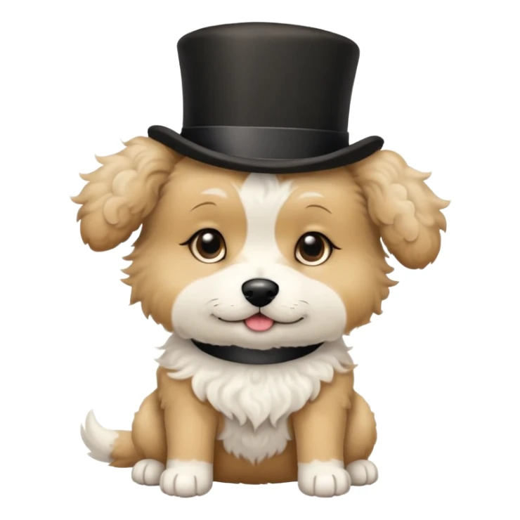 cute small tan and white dog with black nose, black round eyes, curly fluffy medium length hair, wearing a top hat sticker