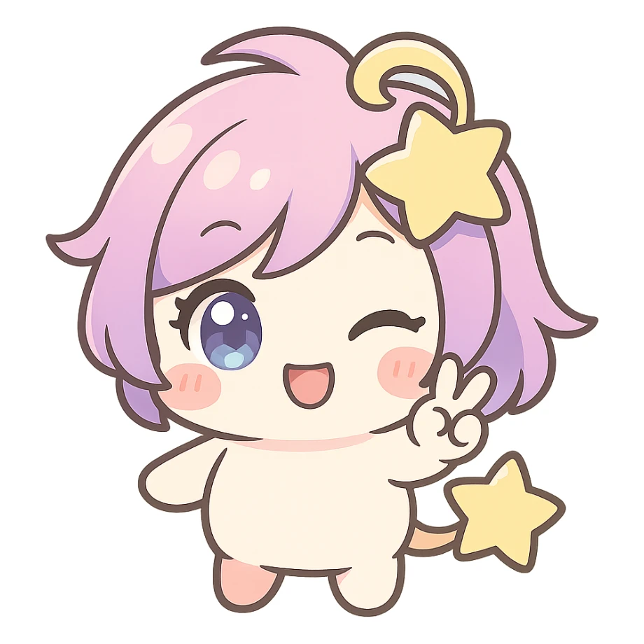 Stella Puff (星星噗噗) in kawaii chibi style, front view, winking and making a peace sign, big sparkling blue-violet eyes, pastel pink-purple gradient hair with a yellow star swirl, creamy white round body, coral pink blush, short arms and legs, golden star tail, clean lines, transparent background sticker