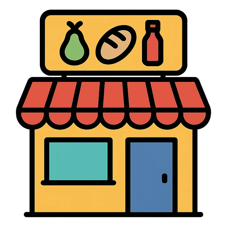 grocery store icon, flat color style, bold and easy to identify, modern look sticker