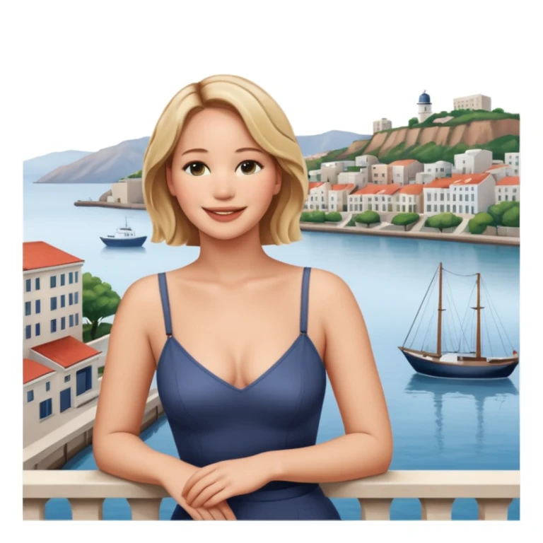 jennifer lawrence, closeup portrait , leaning on a balcony with a harbor and cityscape in the background, smiling sticker