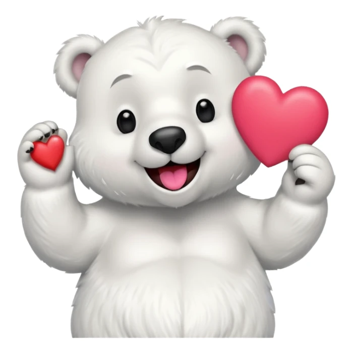 Create a goofy polar bear mascot , holding a large red heart sticker