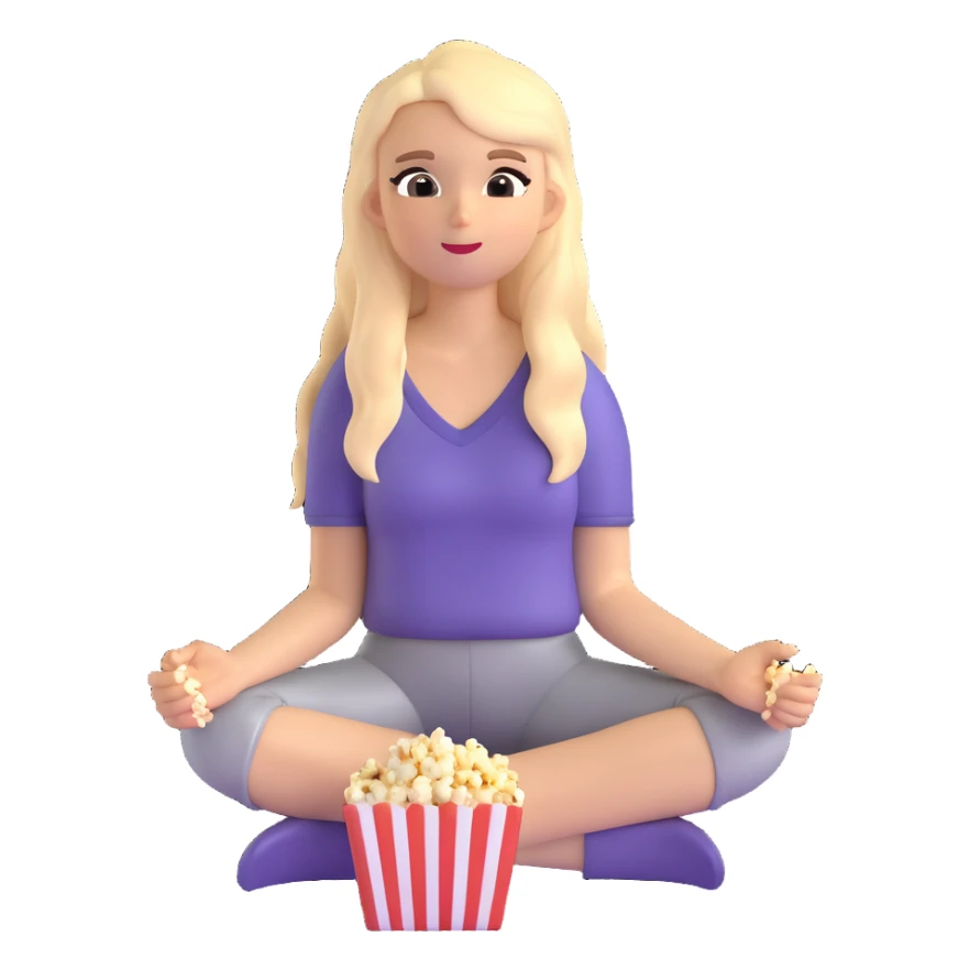 white girl with long hair sitting cross-legged on the floor, eating popcorn, emoji style sticker