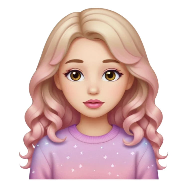 “Emoji girl, soft eyeliner, gradient rose lips, light brown shimmer eyeshadow, sparkly aegyo-sal, long wavy hair, cozy pastel sweater.” sticker