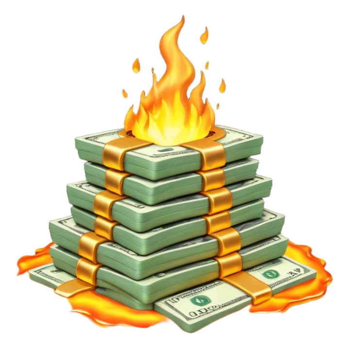 Transform the stack of money into lava money: make the bills appear to be melting and turning into glowing, molten lava with realistic textures and dramatic lighting. Keep the background transparent. The style should reflect a realistic molten lava effect with glowing and melting details. sticker