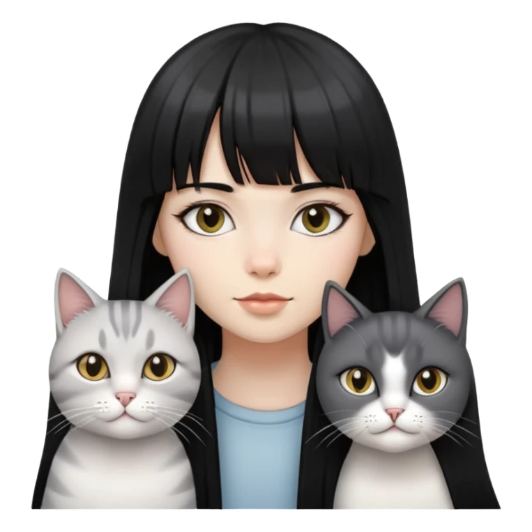 girl with long black  straight bangs hair and two light grey-shared cats sticker