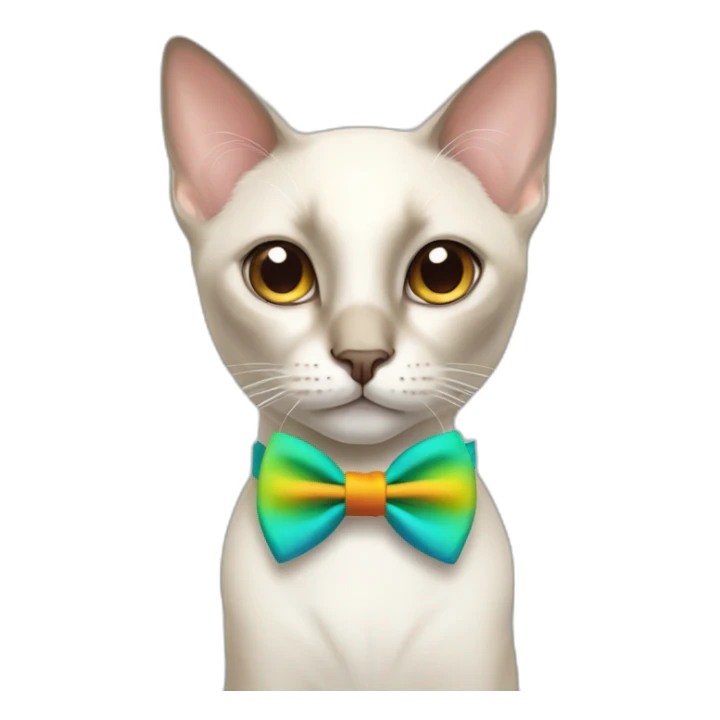 white siamese cat with light brown nose wearing a colorful bowtie sticker