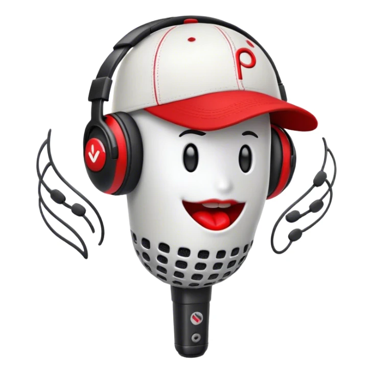 Create a dynamic and energetic emoji that represents beatboxing. The design should feature a stylized microphone with lips and baseball cap on it, sound waves emanating from it , symbolizing vocal percussion and rhythm. Add elements like headphones or a subtle speaker to emphasize the music production aspect. Use bold colors like black, white, and red to convey the intensity and creativity of beatboxing. The background should be transparent. sticker
