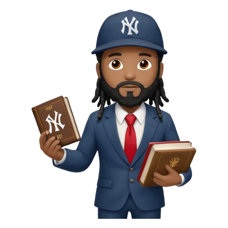 African American man with shoulder length black dreadlocks with black beard wearing a New York Yankees logo baseball cap wearing a suit with red tie walking to the right holding a Holy Bible sticker