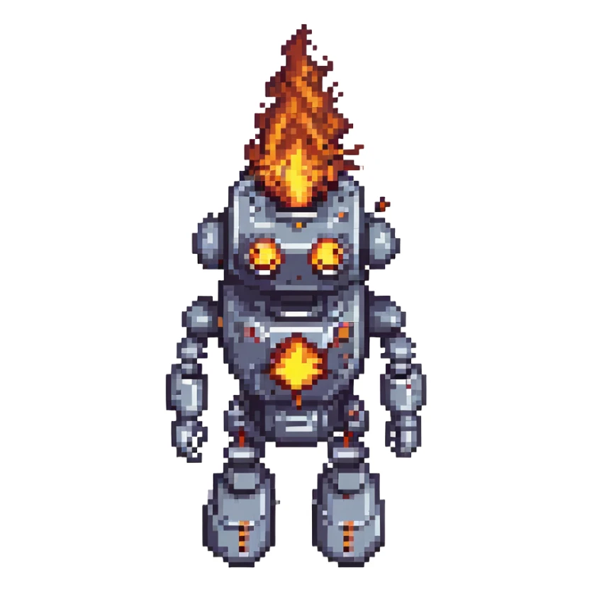 pixel art robot labeled 'AI', overheating with fire and smoke effects sticker