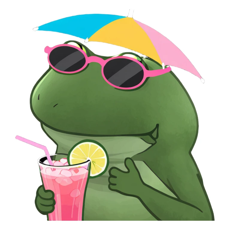 Bufo frog in a jumping pose, with rainbow umbrella hat, round sunglasses, holding a pink cocktail, classic Bufo meme style, no background. sticker