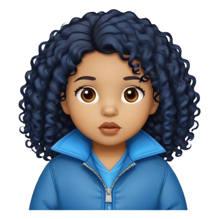 light brown skin tone, very adorable toddler, with big plump lips, long long lashes, black curly hair, middle hair parting, brown eyes, blue jacket sticker