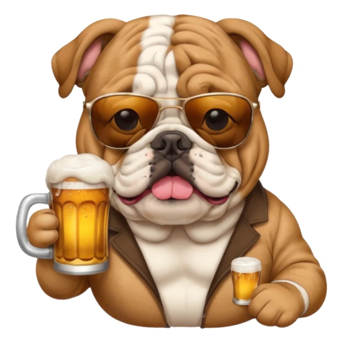 English bulldog wearing sunglasses holding a beer sticker