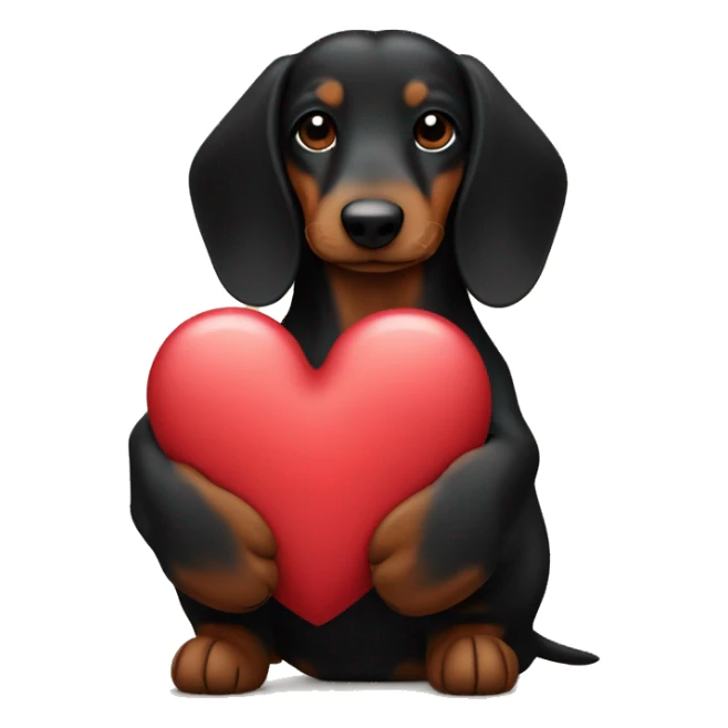 black and brown long haired daschund hugging a heart sticker