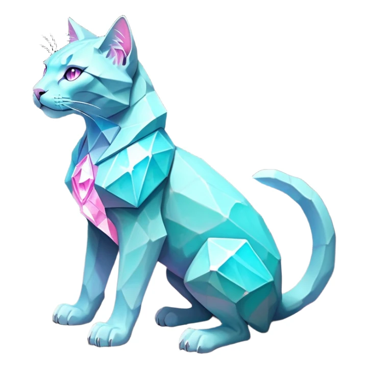 This fascinating hybrid creature combines the rocky ferocity of Boulderbite with the mystical elegance of Etherfeline. The result is a creature with a core body composed of angular, faceted stones in varying shades of turquoise, pink and gray. From the cracks between these stones emanates a soft blue ethereal glow. It has the general shape of a feline, but with crystalline rock formations creating its limbs and body. Its large, expressive eyes feature purple irises with amber outer rings, giving it a hypnotic gaze. The creature sports pointed ears lined with purple crystal formations, and a tuft of blue flame-like energy flows from the diamond on its head and along its spine. Its tail is a flexible chain of smaller rocks wrapped in the same ethereal blue energy. When it opens its mouth, sharp crystalline teeth are revealed, though its expression is more mysterious than threatening. Small whiskers  extend from its muzzle, occasionally emitting tiny ice crystals. full body sticker