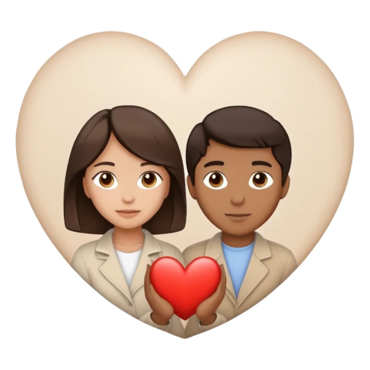 A couple with dark brown hair and mixed skin tone inside a white heart, both wearing beige clothes sticker