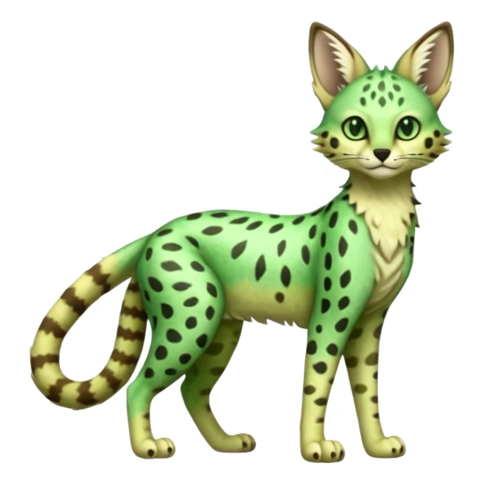 Epic complex detailed emerald-green lime-green dark-brown beige pastel realistic aesthetic-scenic-Fakémon-Sprigatito-Floragato-Meowscarada-Trico-Sergal-Serval-Vernid-creature (full body) sticker