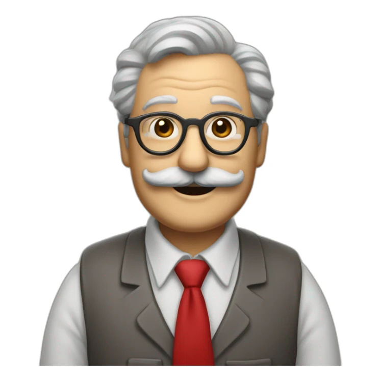 smiling old painter wearing a big grayl horeshoe mustache and glasse. he has a paintbrush in his hand. he wears red shirt and tie sticker