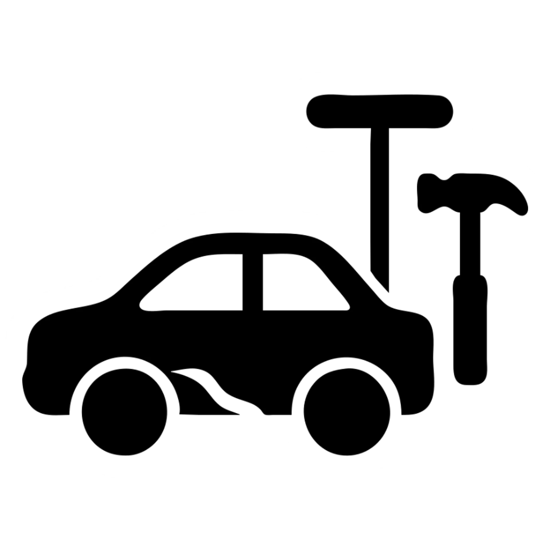 solid filled icon of a car with a visible dent and dent repair tools like a lever and small hammer for Paintless Dent Repair (PDR) sticker