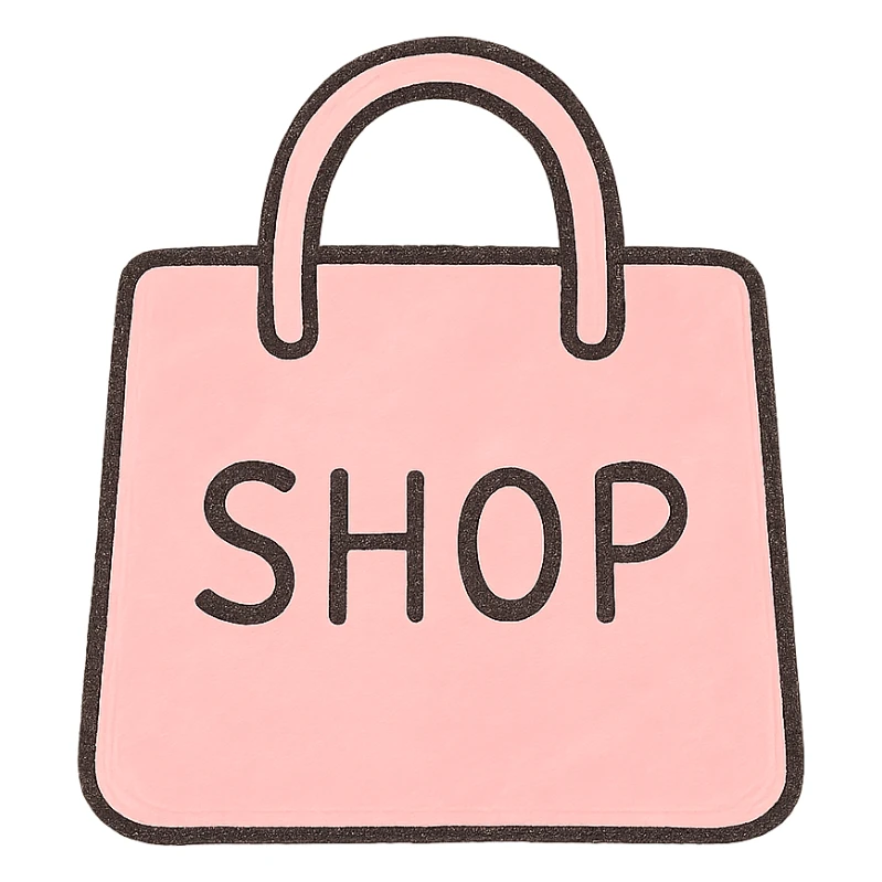 soft and cute shopping icon, pink theme, Japanese hand-drawn style, transparent background, for mobile home screen sticker