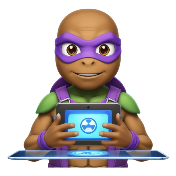Donatello from Teenage Mutant Ninja Turtles, emoji style, using a hologram device, with a blue hacking interface on the screen sticker