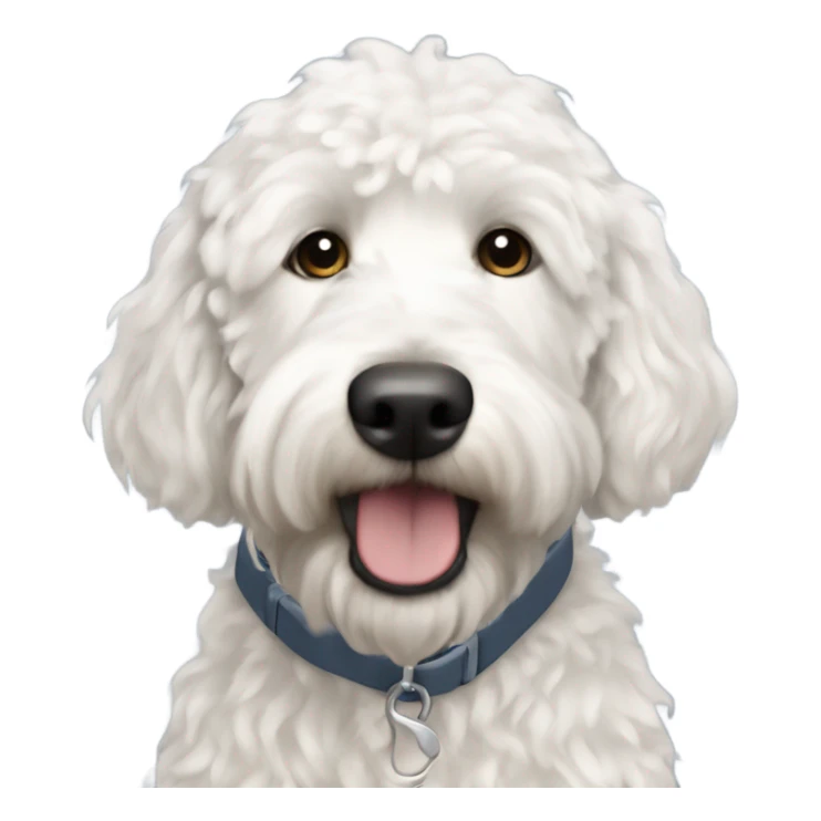 i want a white golden doodle medium hair length wearing a thunder shirt  sticker