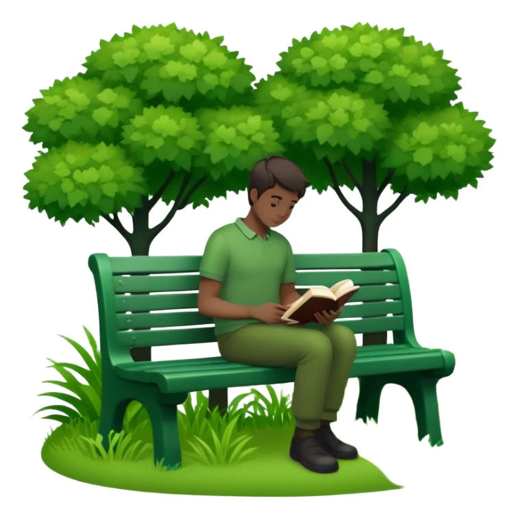 silhouette of man sitting with book on bench surrounded by trees/bushes green color palette sticker