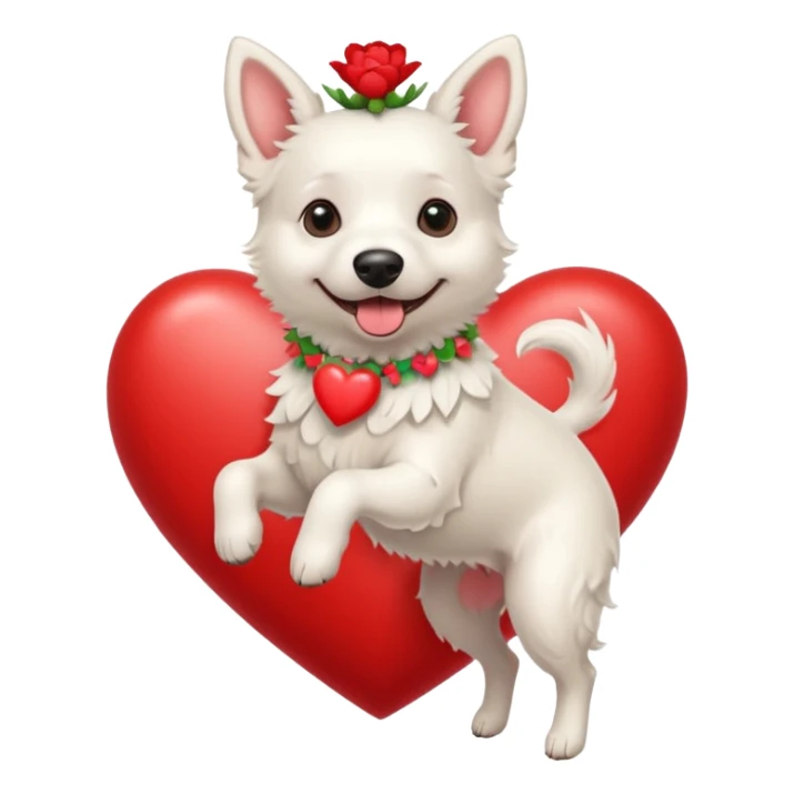 Short haired White Belgian Dog with a flowerband on head is jumping on a heart sticker