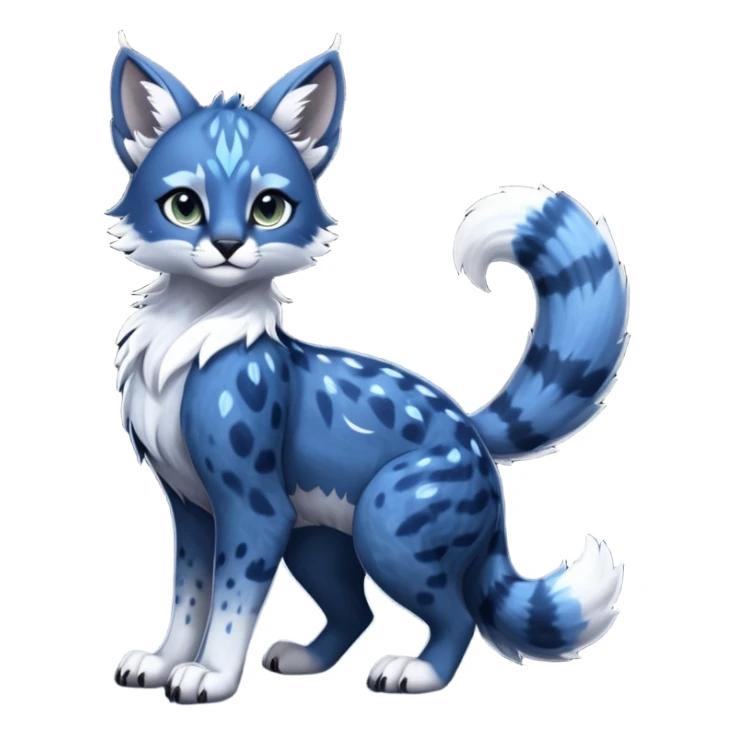 Cute kawaii cool edgy badass  glossy midnight-blue fur with silver starlight dusting fantasy-caracal-civet-genet-sergal-vernid-Gryphon-Cacomistle-Trico-oncilla-animal-Fakémon-hybrid-fursona (full body), facial markings, (realism style) sticker