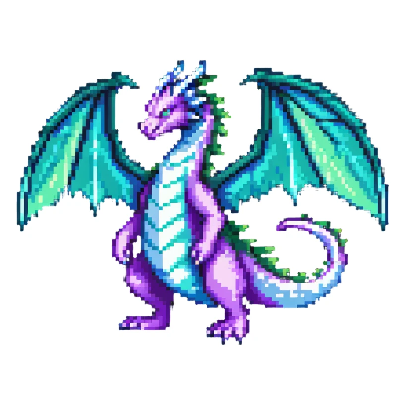 mysterious dragon with a long tail, large wings, and a magical aura, in green, blue, and purple sticker