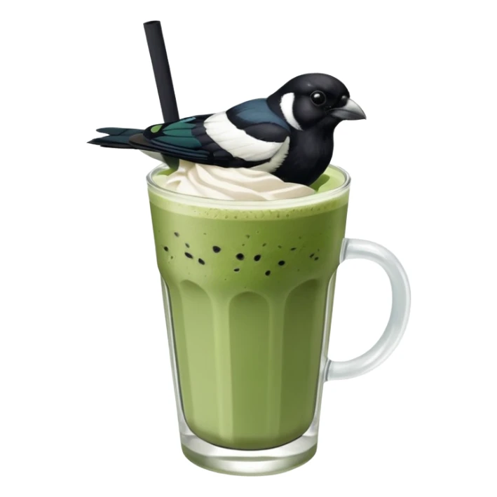 It’s an Australien Magpie (just black and white feathers) sitting on an iced matcha latte on the edge of the glass. It has green matcha on its beak indicating it drank. The iced matxha latte is in a see through glass and white from the oat milk on the bottom and green on top… one straw and ice cubes sticker