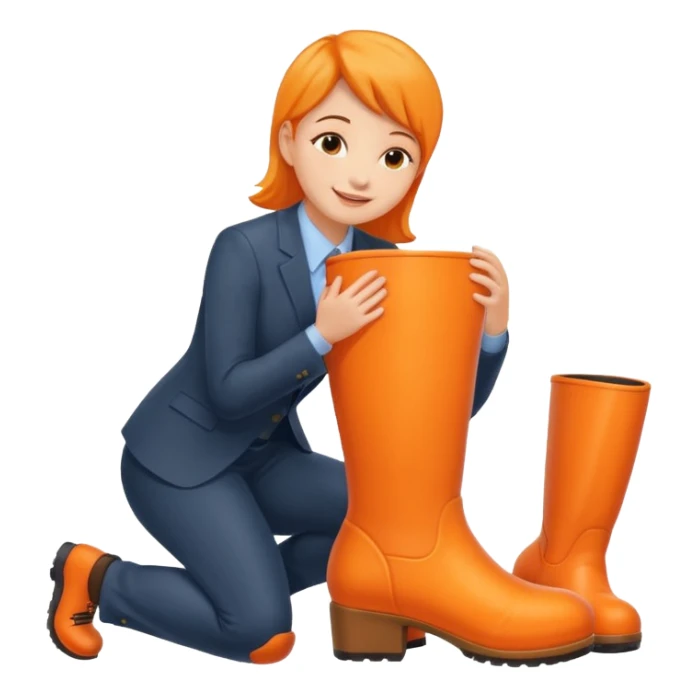 Office worker kneeling and kissing a large orange boot sticker