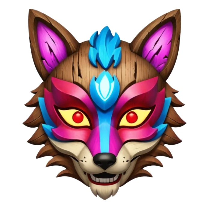 Ancient wooden mask, broken in half, luminous and neon with red, blue, and pink fox-like glow. Fragments of the mask scattered around. sticker