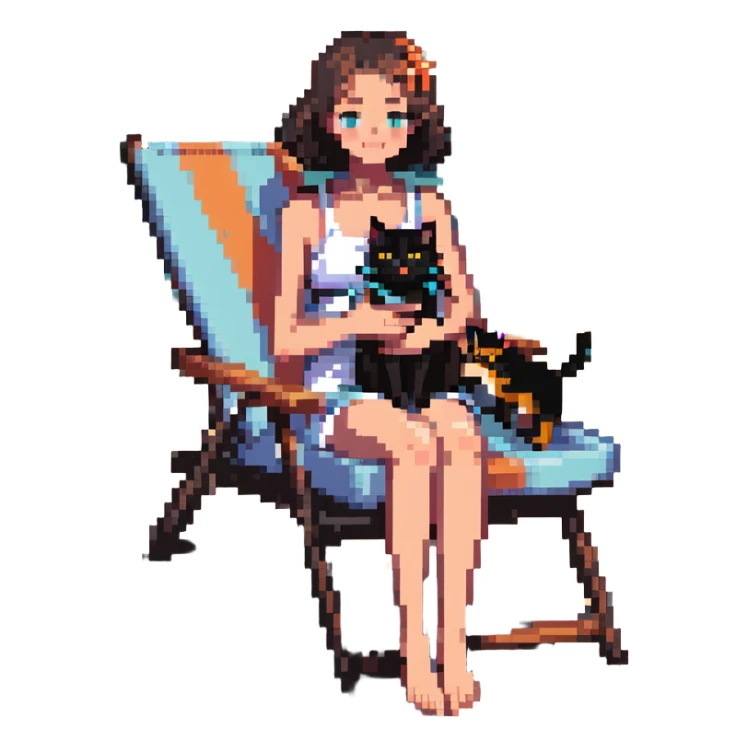girl with her cat on a beach chair, sun shining sticker