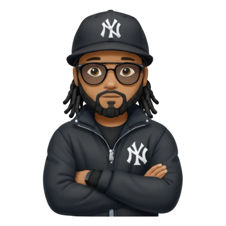 African American man with shoulder length black dreadlocks with black beard wearing  dark black sunglasses with a black bubble winter coat wearing a New York Yankees baseball cap with arms folded on chest sticker