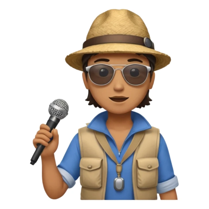 Icon for Documentary Film: A TV-style design with a traveler speaking in front of ancient ruins. Include details like a microphone, the traveler in casual explorer attire, and the ruins in the background. Capture the atmosphere of an informative journey through history. Transparent background. sticker