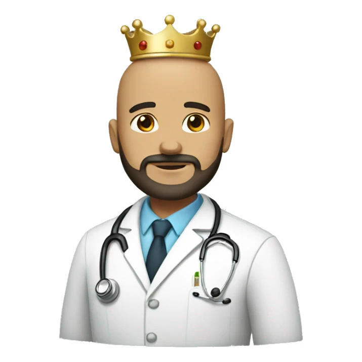 Bald tan male doctor with a crown and black beard and a crown sticker