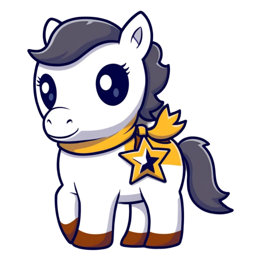 A cartoon stuffed pony with a sheriff star on its saddle blanket sticker