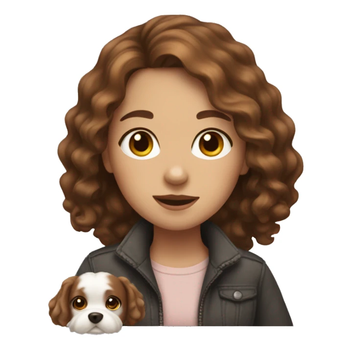 Girl with brown wavy hair with a little white dog sticker
