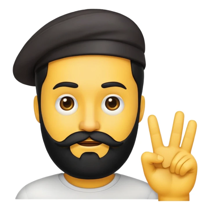 rounded yellow emoji face, black beard, side-facing mouth, one eyebrow raised, hand making a 'no' gesture sticker