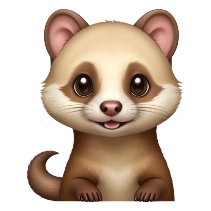 Cinematic Cute sable ferret Portrait Emoji, Head tilted playfully, with an elongated, flexible body and a characteristically curious expression, featuring a short, pointed snout, bright, sparkling eyes, and soft fur in warm brown and cream tones, Simplified yet irresistibly adorable features, highly detailed, glowing with a warm, friendly glow, high shine, affectionate and lively, stylized with a touch of whimsical mischief, soft glowing outline, capturing the essence of a fun-loving and mischievous sable ferret that feels like it could scamper straight into your heart! sticker