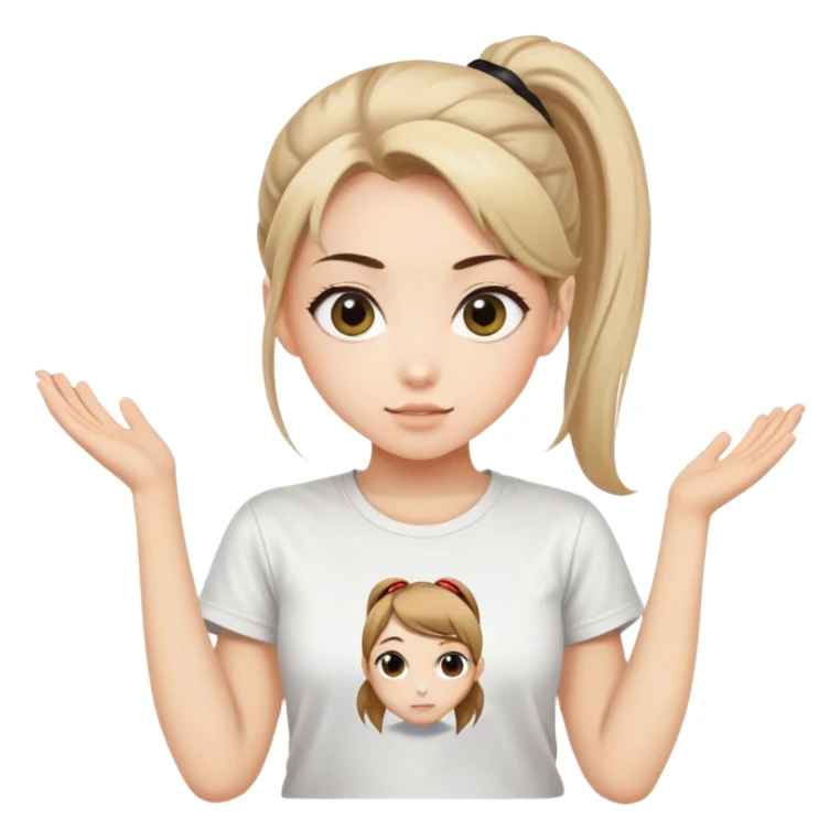 Beautiful girl happy with big eyes, ponytail and "ryu" written on tshirt sticker