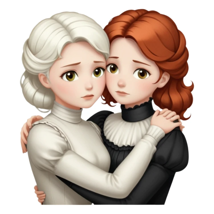 Two Victorian women with light eyes, one with bright pure white coiffed hair and one with dark copper coiffed hair, wearing Victorian turtleneck dresses, embracing each other in a sad, intimate hug sticker