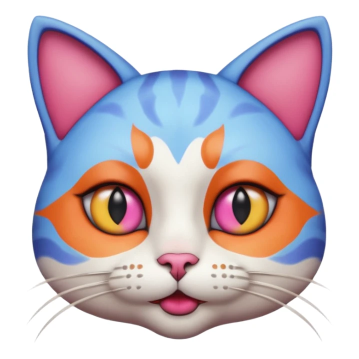 cat with exaggerated makeup portrait, head and shoulders only, heavy colorful eyeshadow, bold lipstick, dramatic blush, funny glamorous expression, cute 3D cartoon, mobile game icon style, clean background, no text, no watermark sticker