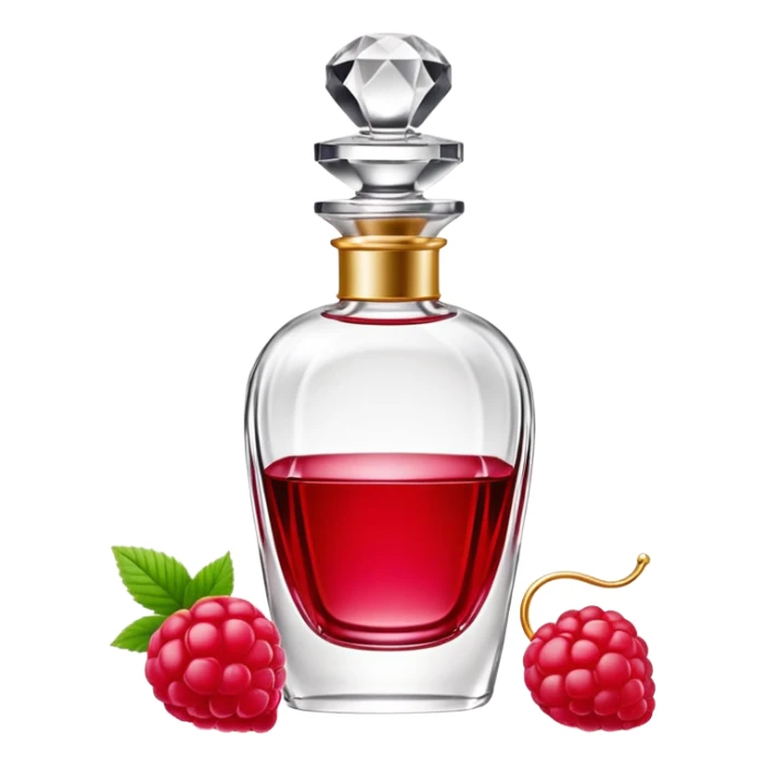 AVON women's perfume bottle next to a raspberry-shaped bottle sticker